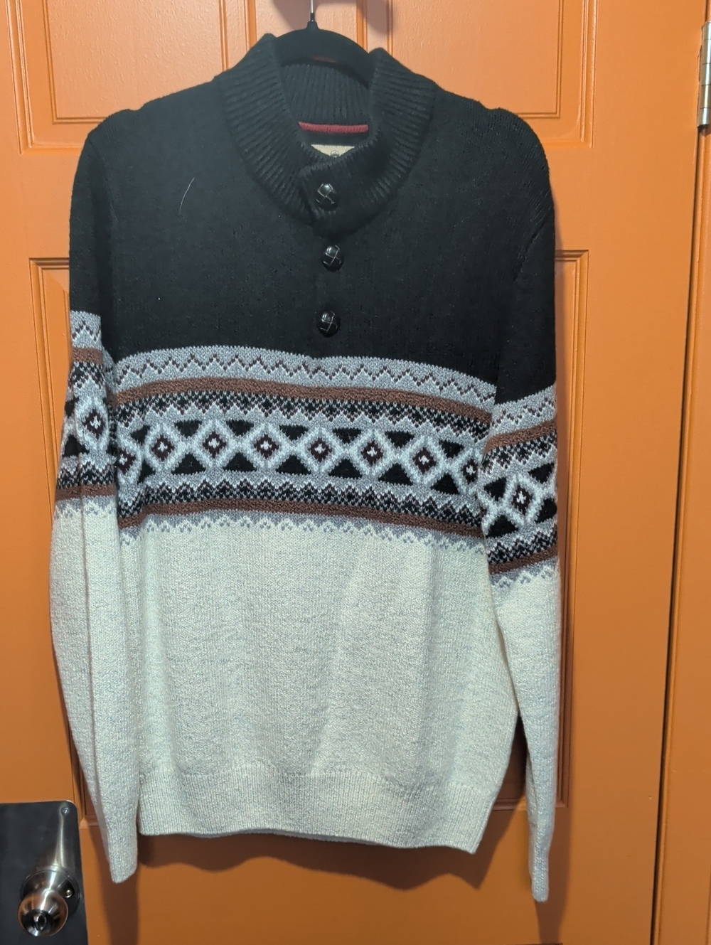Men's Black and Cream Fair Isle Shawl-Collar Sweater